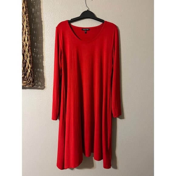 Eileen Fisher Trapeze Dress Red Small Long Sleeve Stretch Washable - Picture 5 of 7